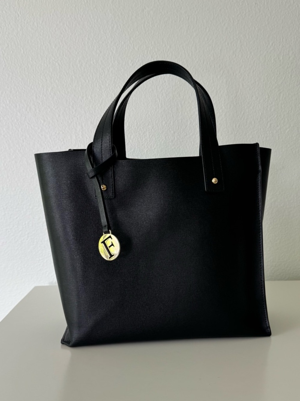 Furla Saffiano Leather Black Tote Bag with Gold Accent & Branded Interior